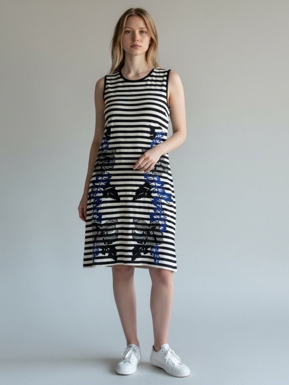 Juicy Couture Black & White Striped Mini Dress with Blue Floral Embroidery Sz Lg
